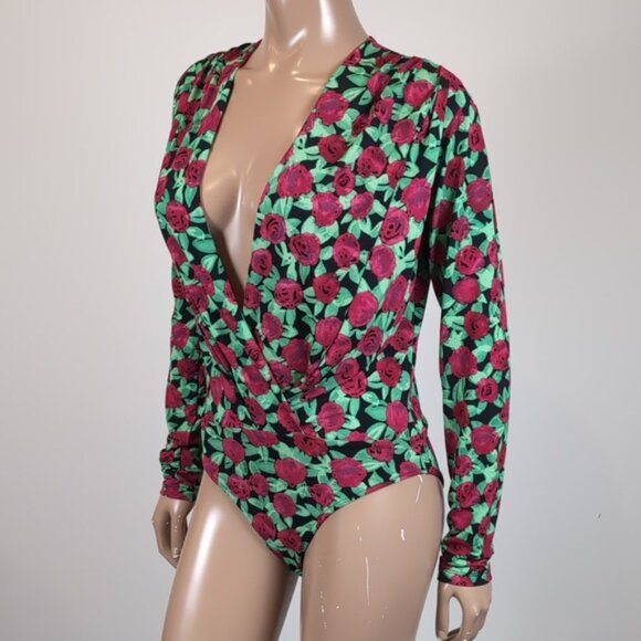 Zara Floral Vneck Bodysuit Top Long Sleeve Plunging Wrap Rose Print Size Medium - Picture 7 of 12